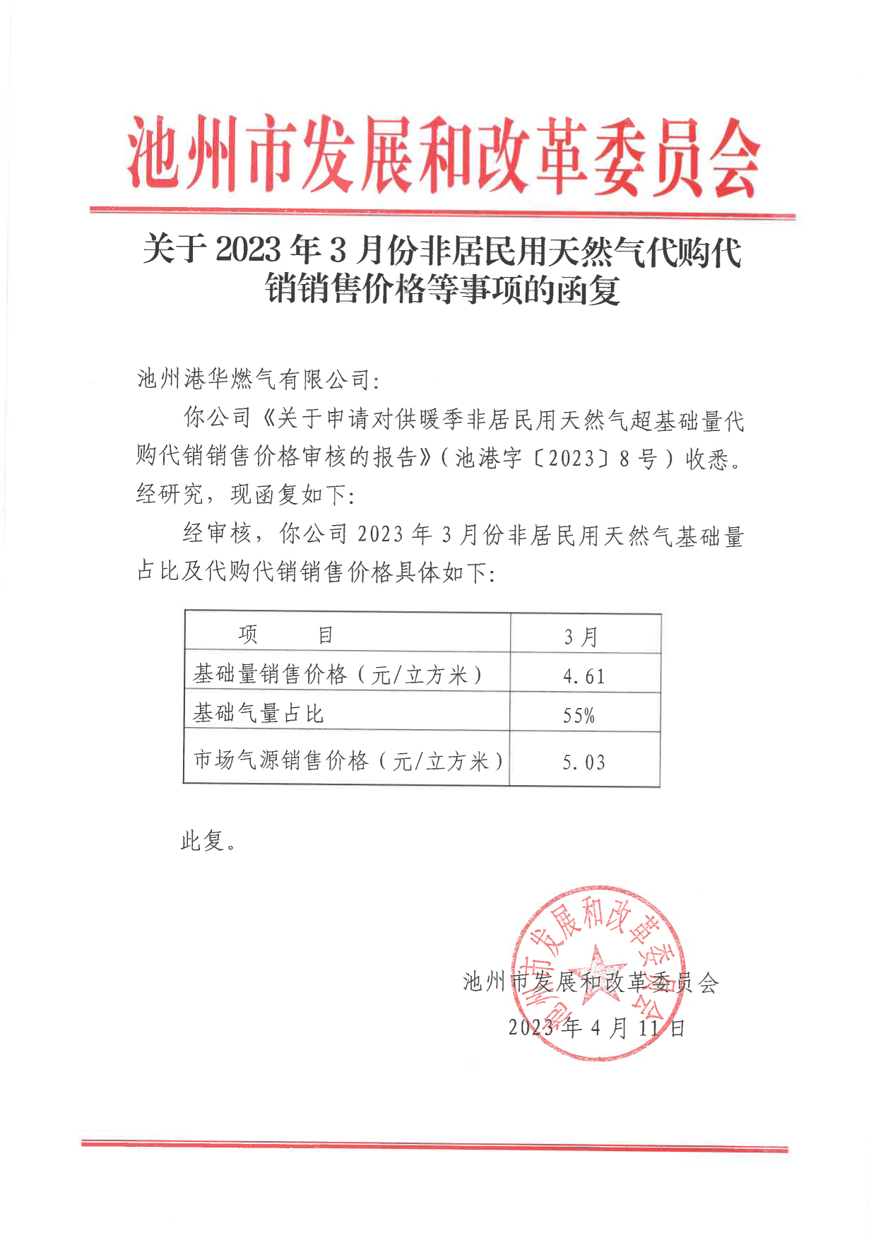 关于2023年3月份非居民用天然气代购代销销售价格等事项的函复